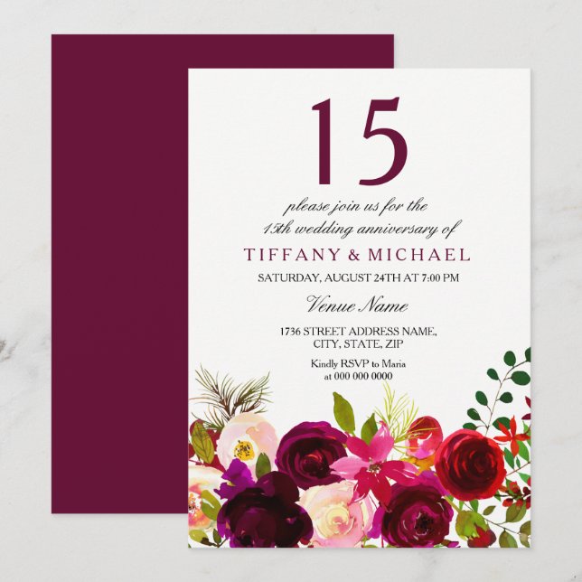 Burgund Blume zum 15. Jahrestag der Hochzeit Einladung (Vorne/Hinten)