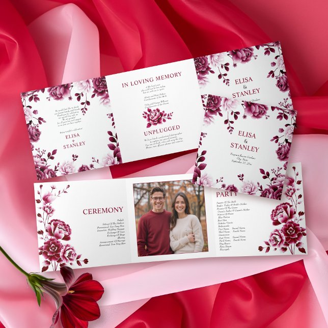 Burgund Blumen Chinoiserie Peony Hochzeitsprogramm Dreifach-gefaltete Programmkarte (Von Creator hochgeladen)