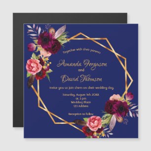Burgund Blumen geometrische blaue Hochzeitseinladu Magneteinladung