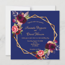 Burgund Blumen geometrische blaue Hochzeitseinladu
