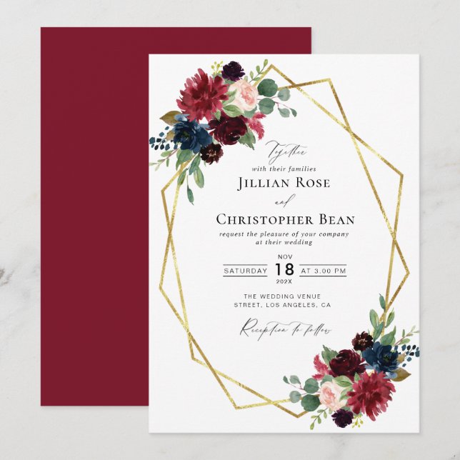 Burgund Blumen geometrische Hochzeit Einladung (Vorne/Hinten)