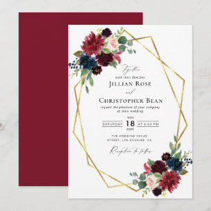Burgund Blumen geometrische Hochzeit Einladung