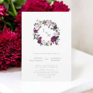Burgund Blumen Hochzeit Thema elegante Monogramm Einladung