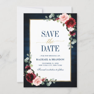 Burgund Blumen Navyblau Goldrahmen Save-the-Date-K