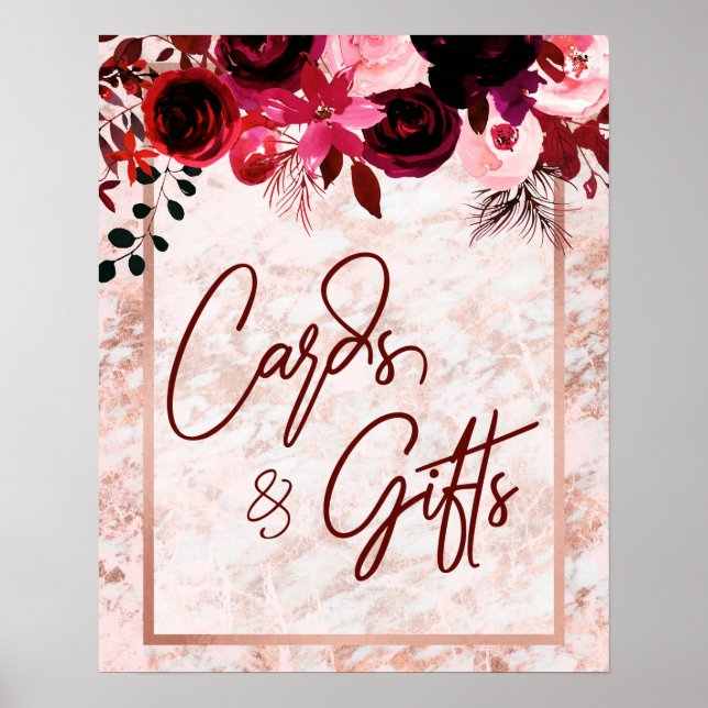 Burgund Blumen & Rose Hochzeitskarten & Geschenke Poster (Vorne)