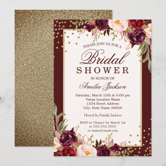 Burgund Blumen Sparkle Bridal Dusche Einladung (Vorne/Hinten)