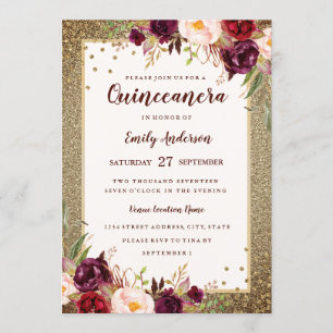 Burgund Blumen Sparkle Gold Quinceanera Einladung