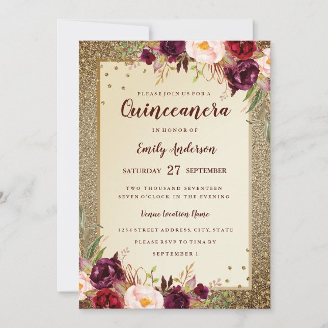 Burgund Blumen Sparkle Gold Quinceanera Einladung (Vorderseite)