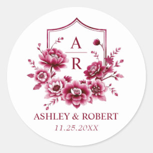 Burgund Blumen Wappen und Initialen Hochzeit Runder Aufkleber