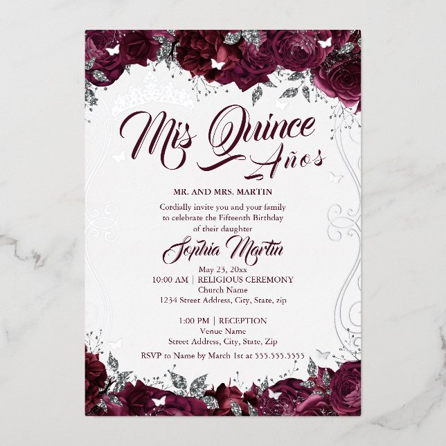 Burgund Blumengarten Mis Quince Quinceanera Folieneinladung (Vorderseite)