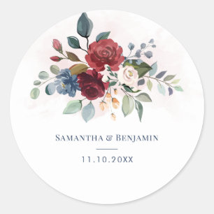 Burgund Blumengrün Foliage Wedding Couple Runder Aufkleber