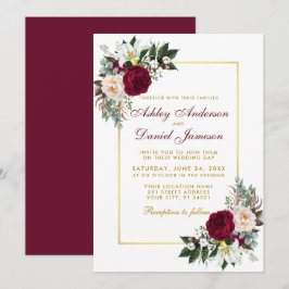 Burgund Blumengrün Gold Gerahmte Hochzeit Einladung