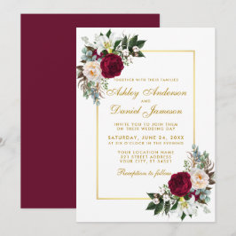 Burgund Blumengrün Gold Rahmen Hochzeit Einladung