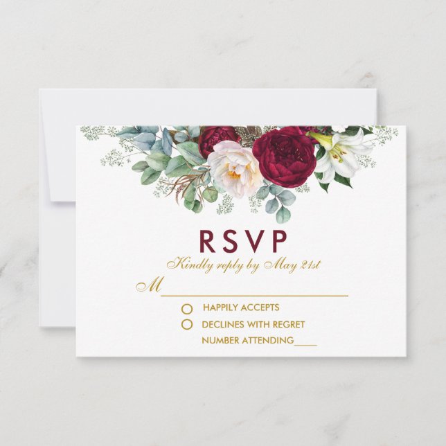 Burgund Blumengrün Gold Wedding RSVP Karte (Vorderseite)