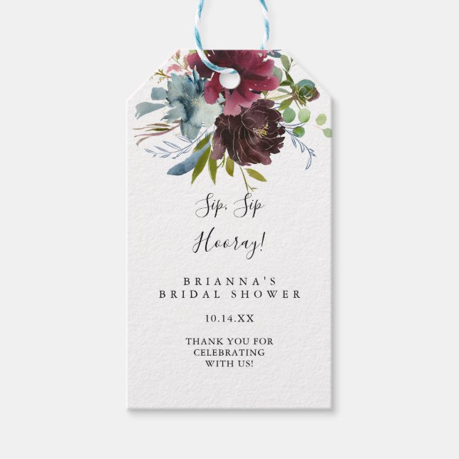 Burgund Blumengrün Sip Hooray Brautparty Geschenkanhänger (Vorderseite)