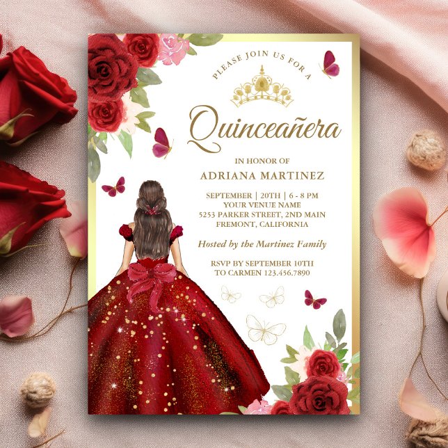 Burgund Blumenkleid Butterfly Quinceanera Einladung (Von Creator hochgeladen)