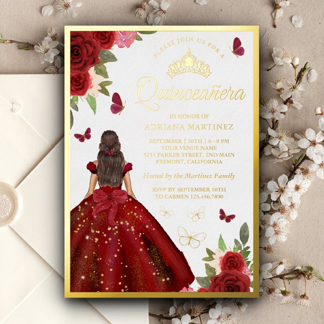 Burgund Blumenkleid Butterfly Quinceanera Gold Folieneinladung (Von Creator hochgeladen)
