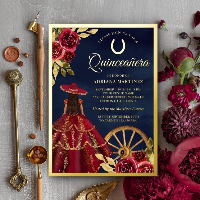 Burgund Blumenkleid Marine Charro Quinceanera Gold Folieneinladung (Von Creator hochgeladen)