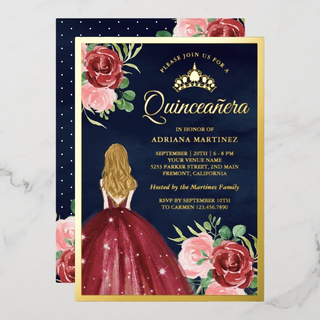 Burgund Blumenkleid Navy Blue Quinceanera Gold Folieneinladung (Vorderseite/Rückseite)