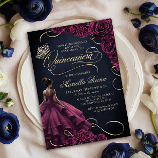 Burgund Blumenkleid Quinceañera Einladung