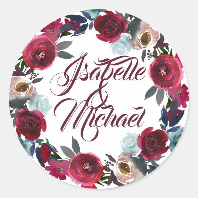 Burgund Blumenkranz Personalisierte Hochzeit Runder Aufkleber (Vorderseite)