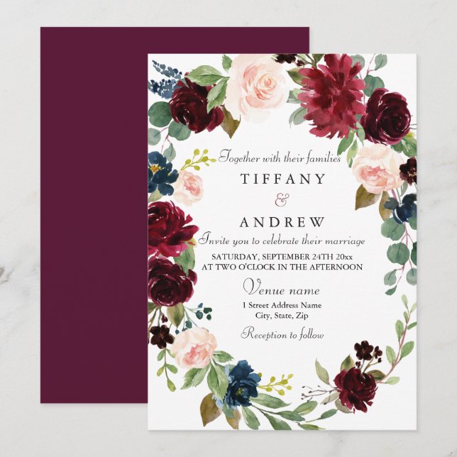 Burgund Blumenreath Moderne Elegante Hochzeit Einladung (Vorne/Hinten)