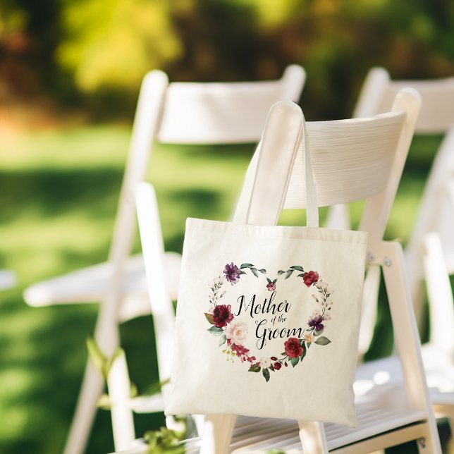 Burgund Blumenschaummutter am Boden Tragetasche (Burgundy Floral Wreath Mother of the Groom Tote Bag)