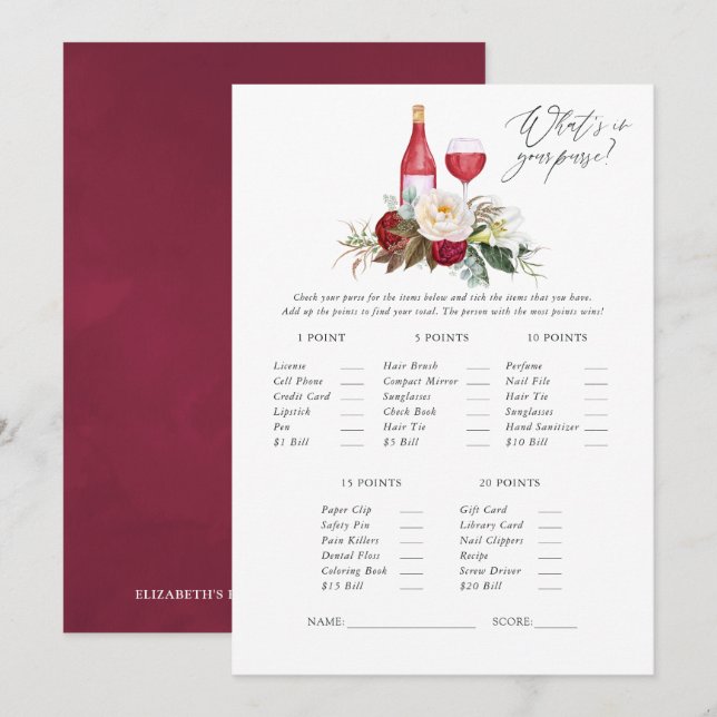 Burgund Blumenstrauß Wein Verkostung Brautparty Sp Einladung (Vorne/Hinten)