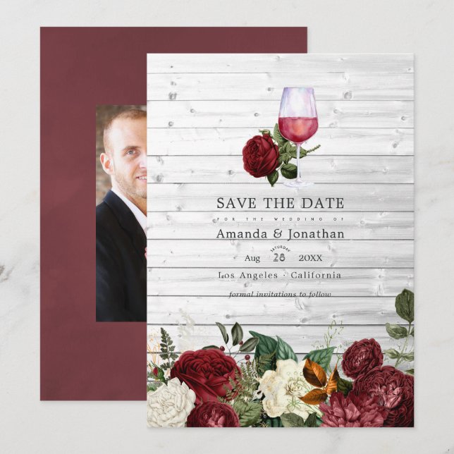 Burgund Blumenwein Degustation Hochzeitsfeier Foto Save The Date (Vorne/Hinten)