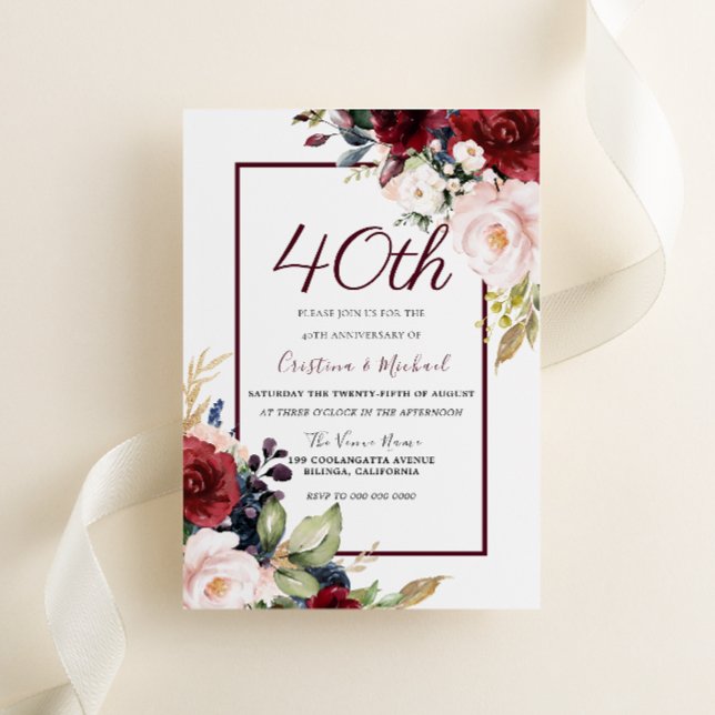 Burgund Blush Bloral 40. Hochzeitstag Einladung (Von Creator hochgeladen)