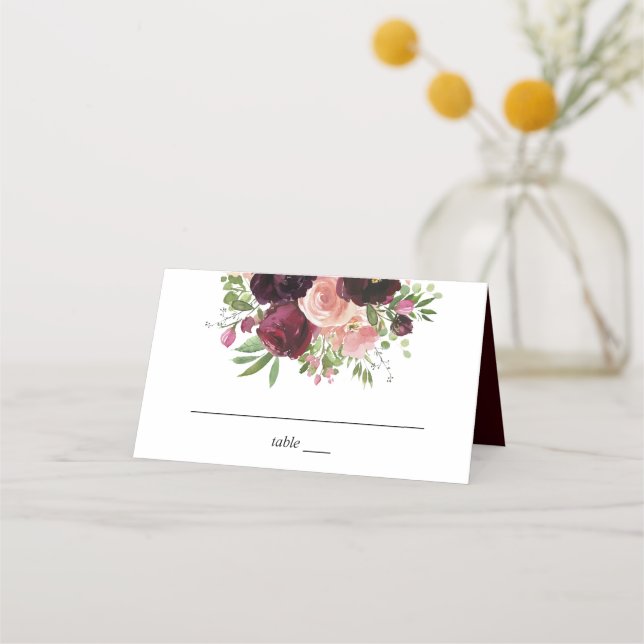 Burgund & Blush Bloral - Burgund Platzkarte (Vorderseite)