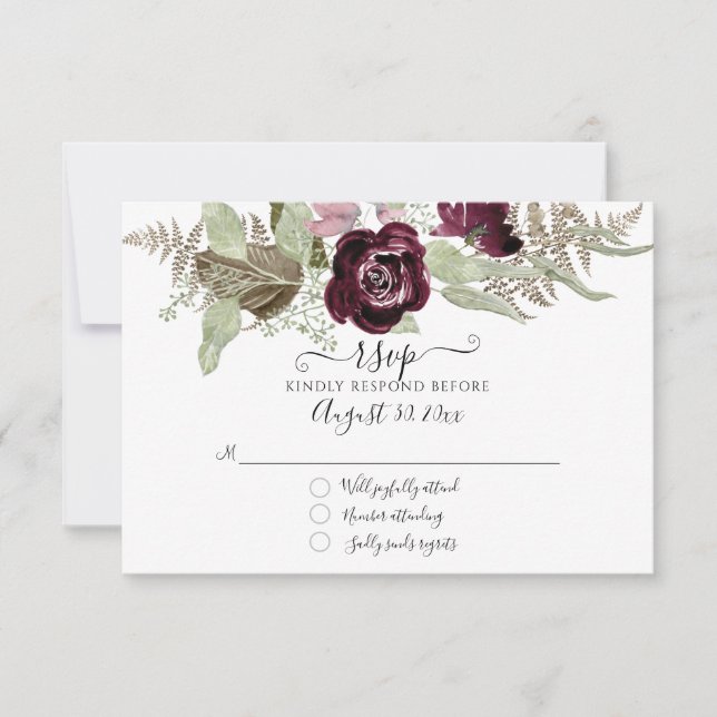 Burgund Blush Bloral Elegante Sage Wedding RSVP (Vorderseite)