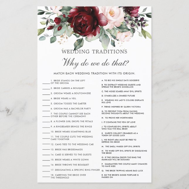 Burgund Blush Bloral Hochzeit Traditionen Spiel (Vorderseite)