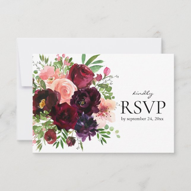 Burgund & Blush Bloral mit Mahlzeit Option Hochzei RSVP Karte (Vorderseite)