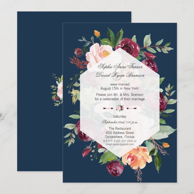 Burgund Blush Bloral Navy Blue Wedding Abend Einladung (Vorne/Hinten)