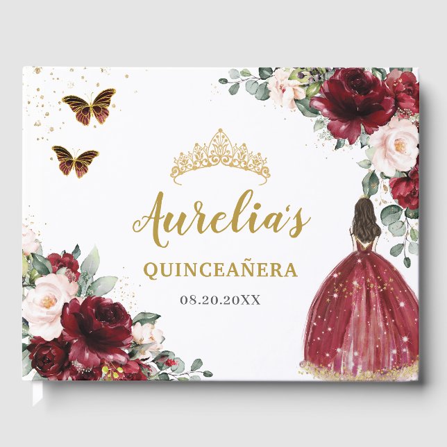 Burgund Blush Bloral Prinzessin Gold Quinceañera Gästebuch (Vorderseite)