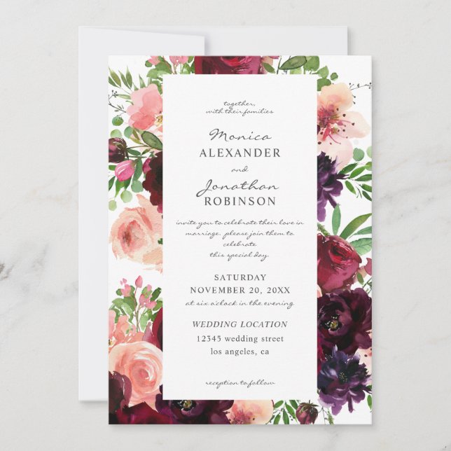 Burgund & Blush Bloral Wedding auf White V2 Einladung (Vorderseite)
