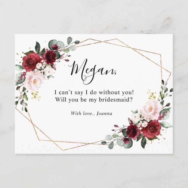 Burgund Blush Bloral werden Sie meine Bridesmaid Postkarte (Vorderseite)