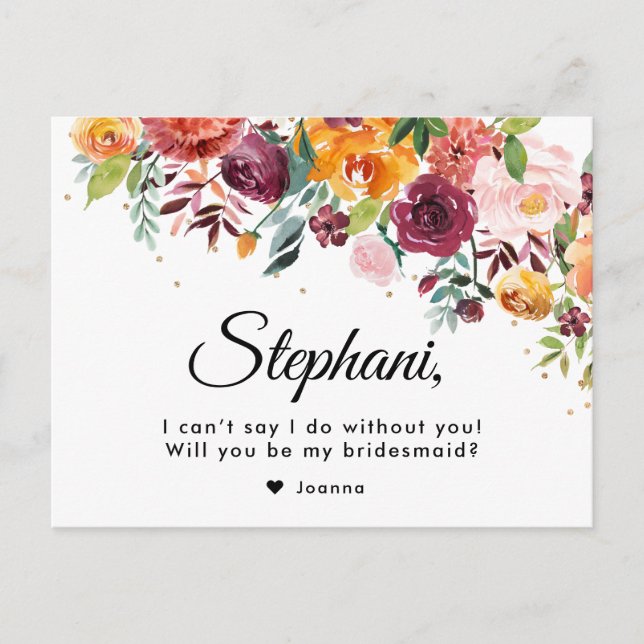 Burgund Blush Bloral werden Sie meine Bridesmaid Postkarte (Vorderseite)