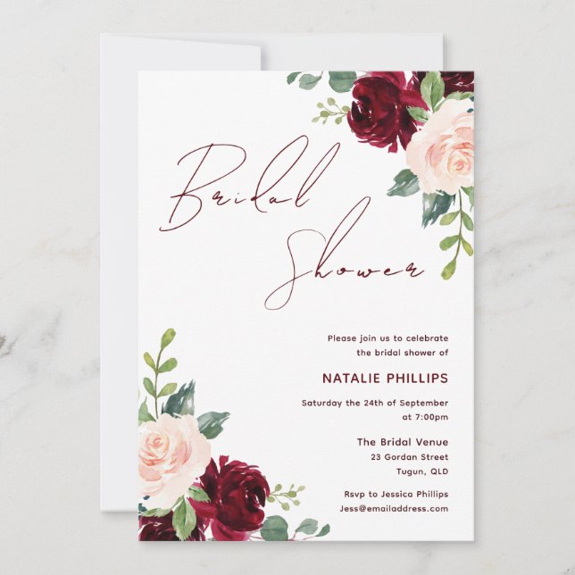 Burgund & Blush Blume Brautparty Einladung (Vorderseite)