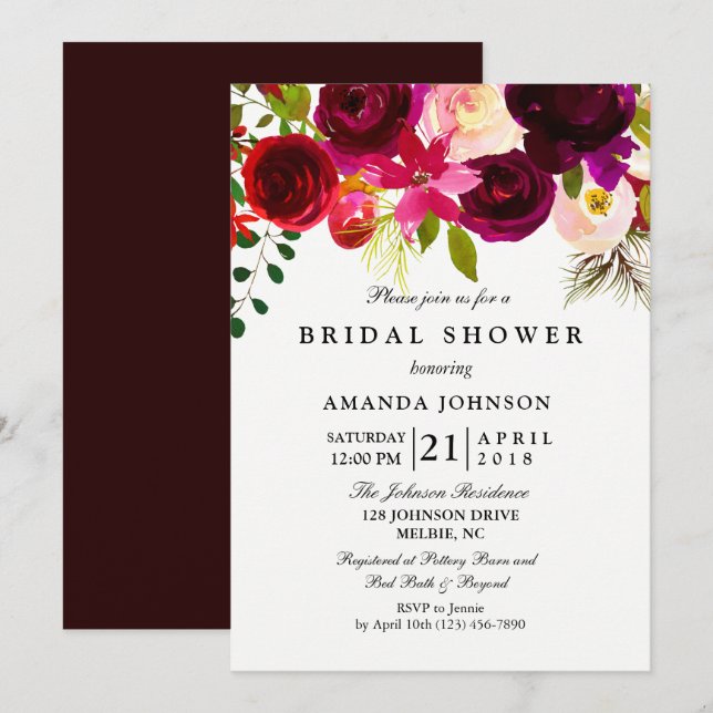 Burgund Blush Blume Bridal Dusche Einladung (Vorne/Hinten)