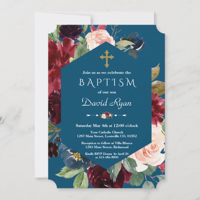 Burgund Blush Blume Gold Cross Blue Taufe Einladung (Vorderseite)