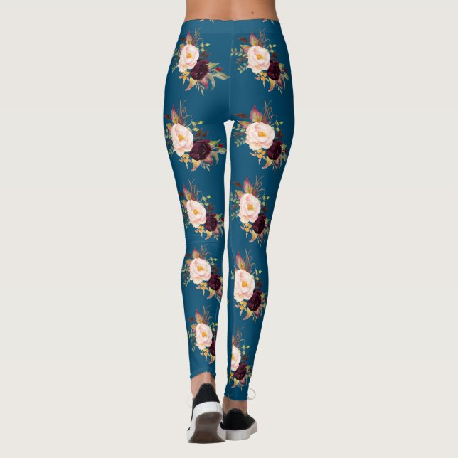 Burgund Blush Blume Ozeanblau Muster Leggings (Rückseite)