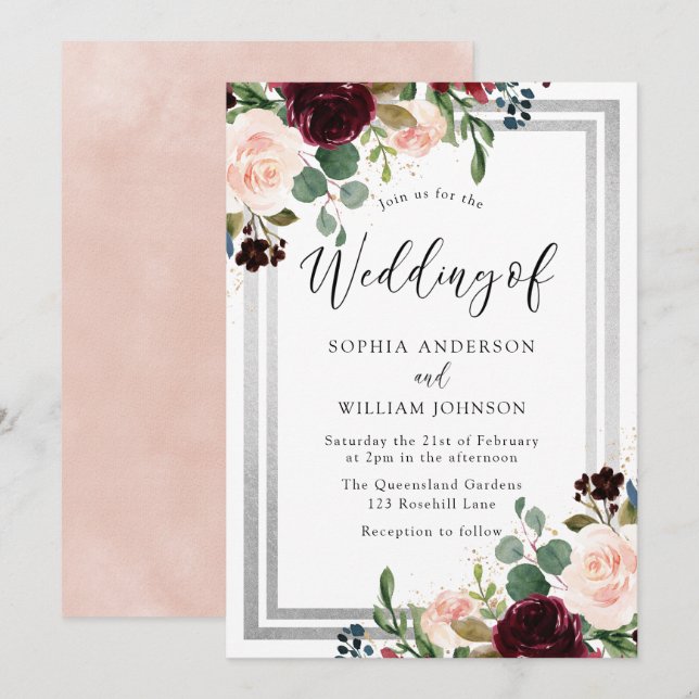 Burgund Blush Blume & Silver Spring Wedding Einladung (Vorne/Hinten)