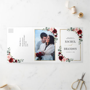 Burgund Blush Blumen Moderne Geometrische Hochzeit Dreifach Gefaltete Ankündigung