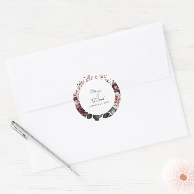 Burgund & Blush Boho Runde Hochzeit Runder Aufkleber (Umschlag)