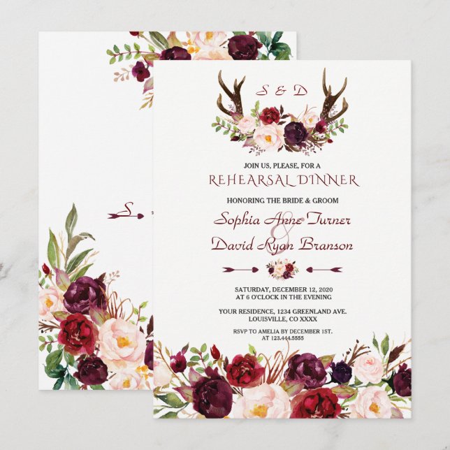 Burgund Blush Floral Antlers Probe Abendessen Einladung (Vorne/Hinten)