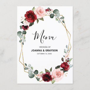 Burgund Blush Floral Moderne geometrische Hochzeit Menükarte