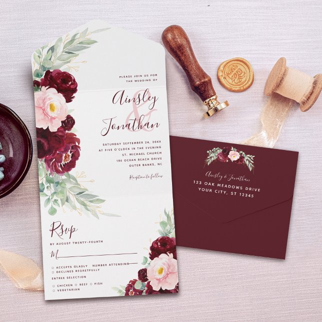 Burgund Blush Floral Moderne Hochzeit All In One Einladung (Von Creator hochgeladen)