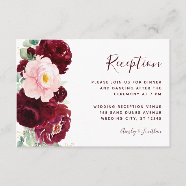 Burgund Blush Floral Moderne Hochzeitsempfehlung Begleitkarte (Vorderseite)